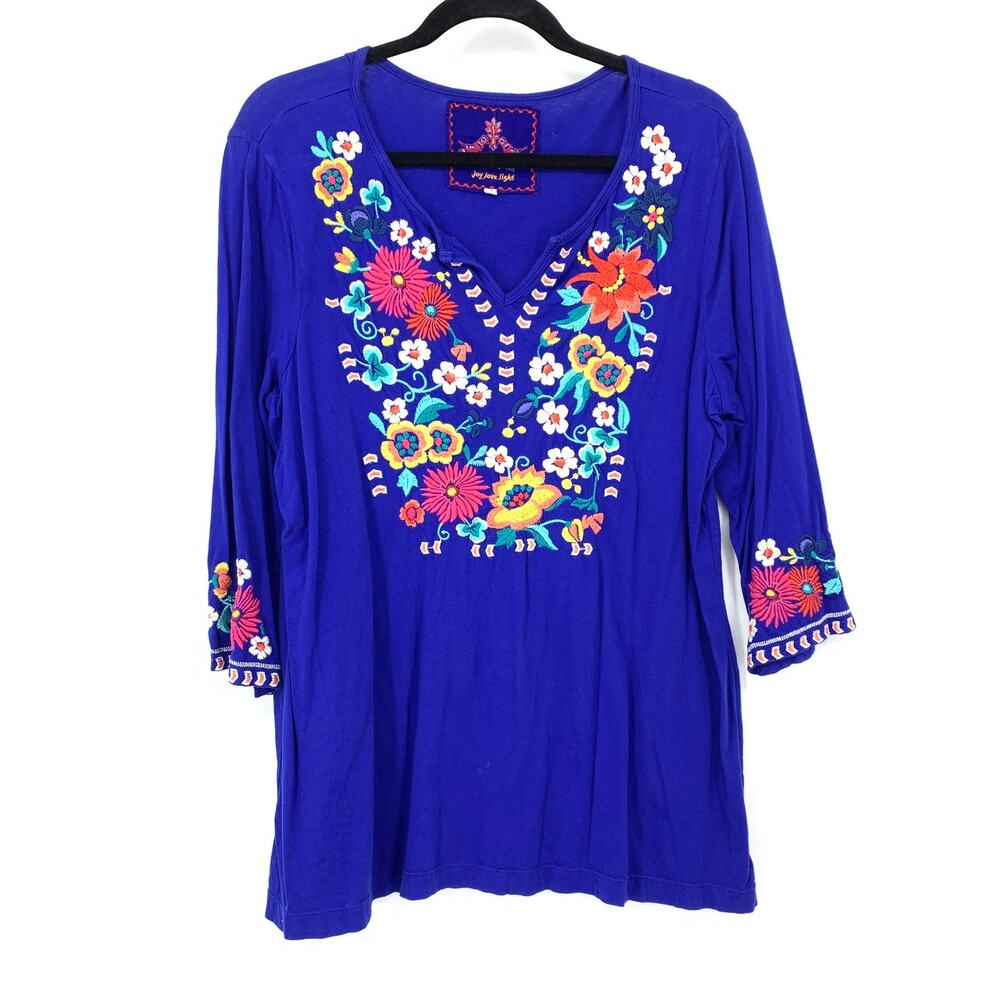 Johnny Was Joy Love Light XL Cobalt Blue Mexican Floral Embroidered Tunic